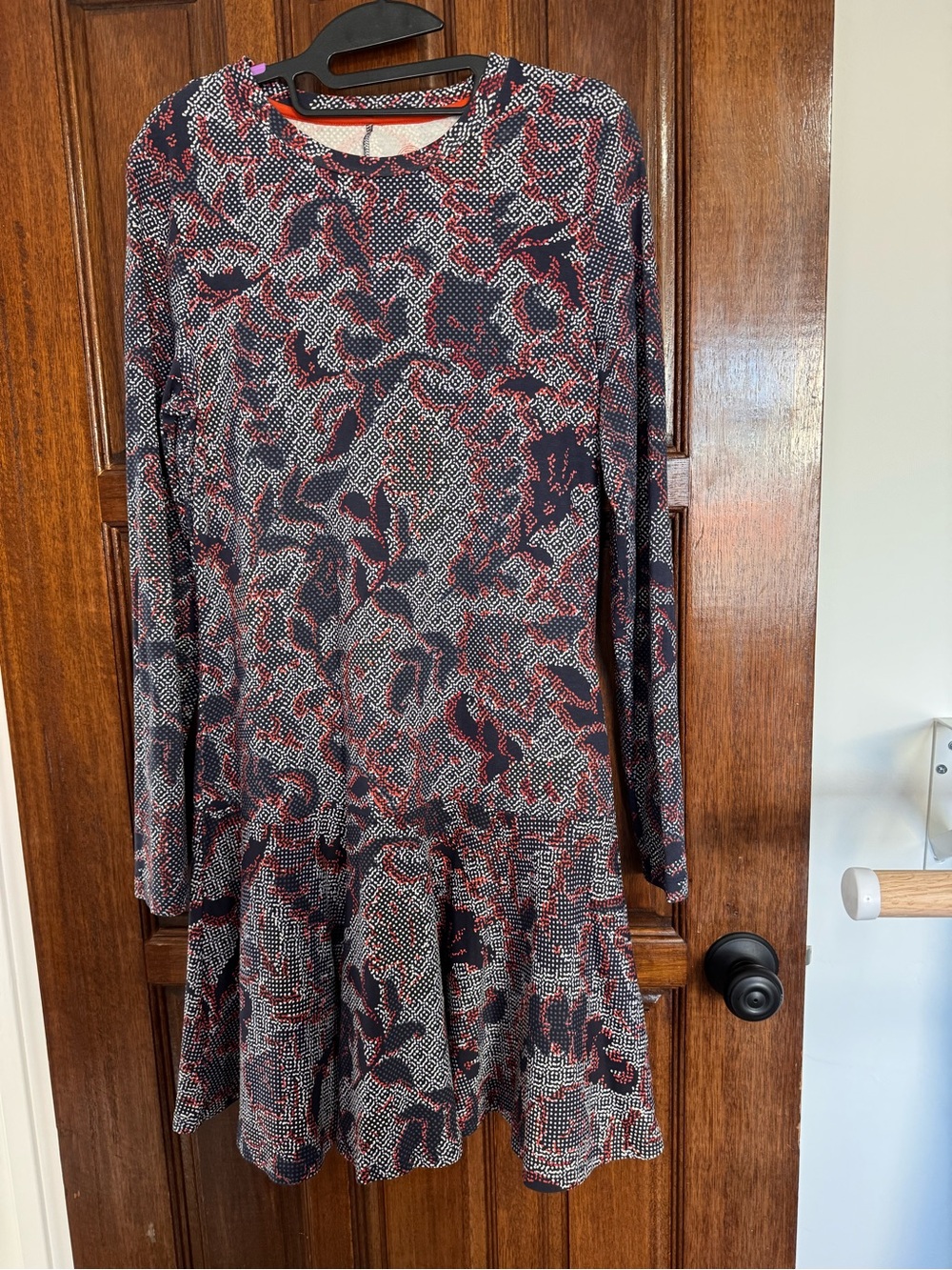 Tory Burch Navy, Red and White Long-Sleeve Printed Ruffle-Hem Dress